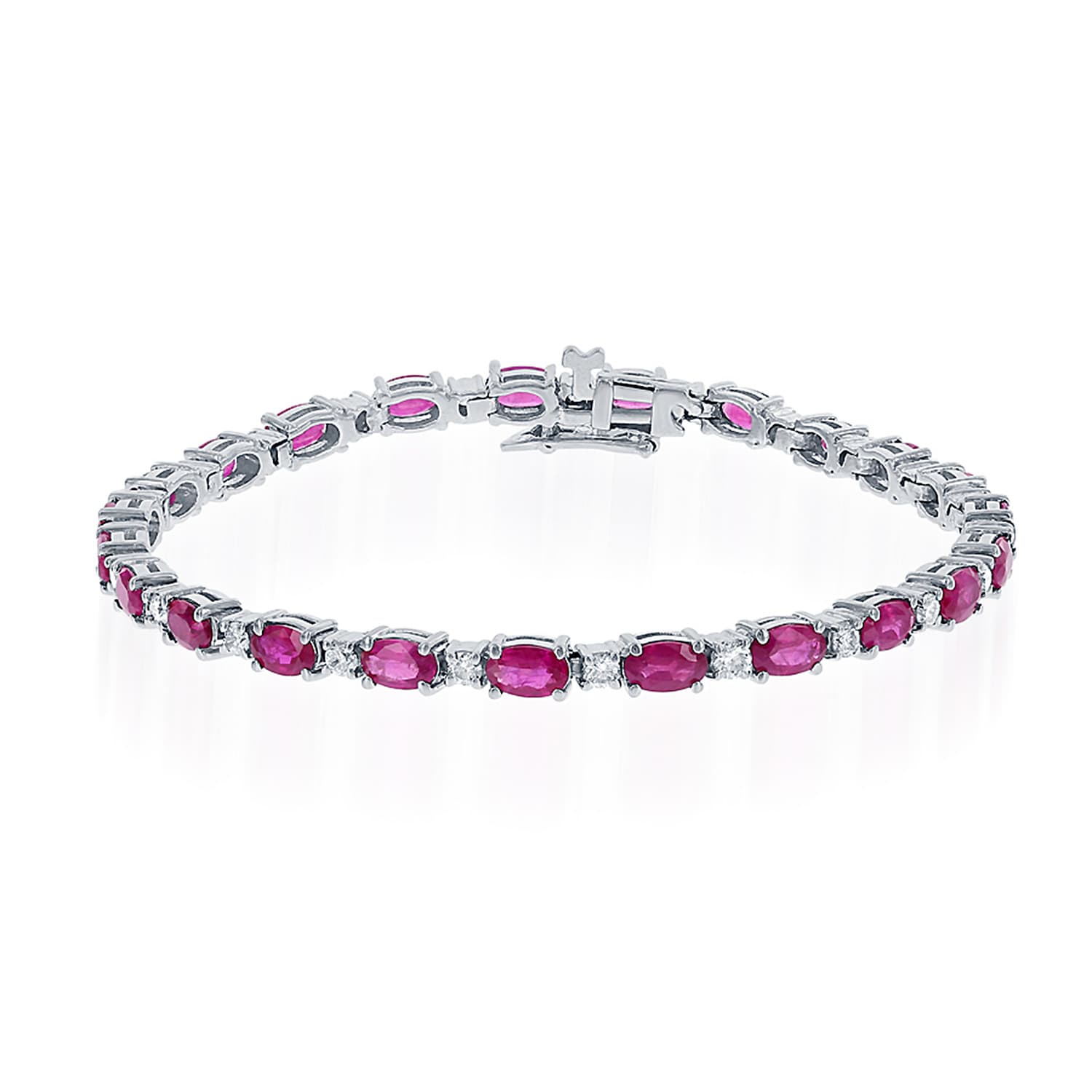 White Gold Oval Ruby & Round Diamond Line Bracelet 0