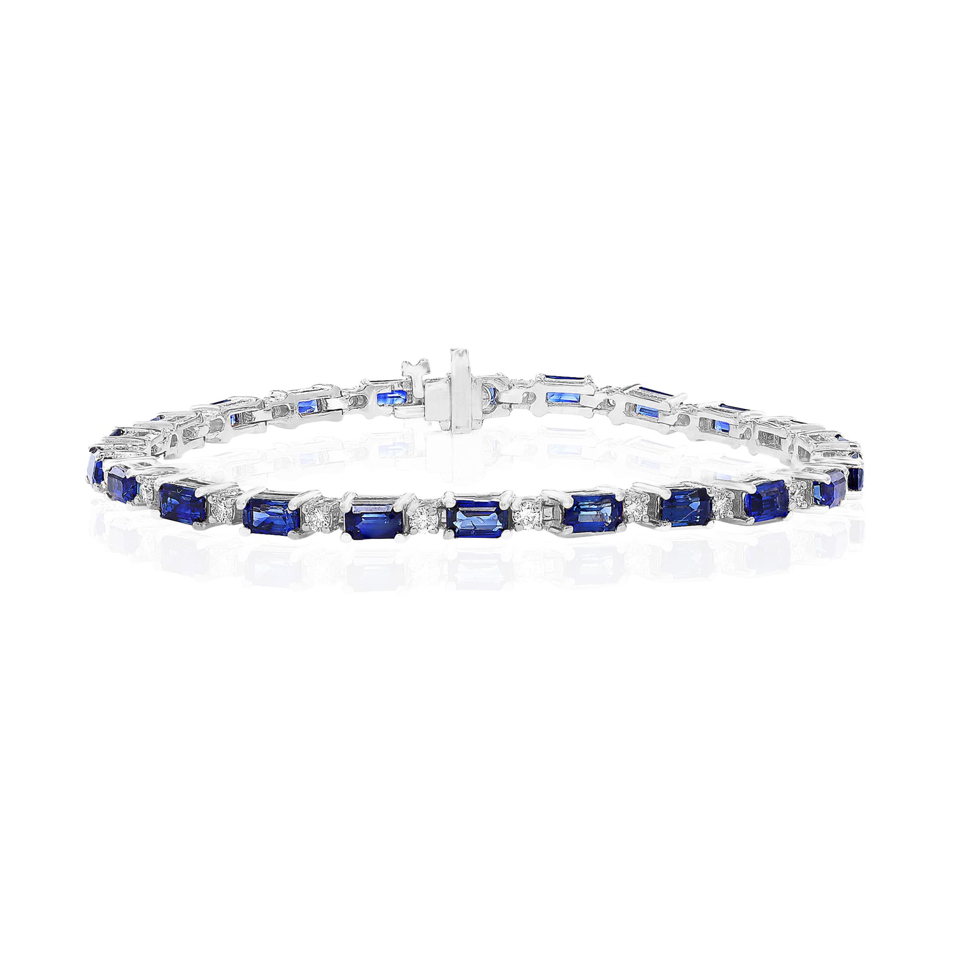 Emerald Cut Sapphire Line Bracelet with Round Diamonds