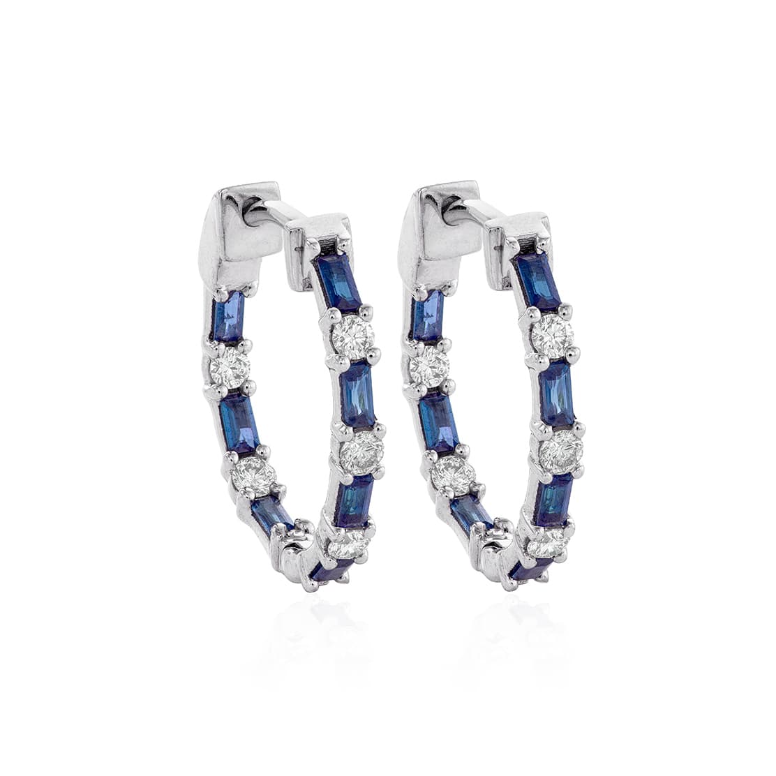 Baguette Sapphire and Round Diamond In and Out Hoop Earrings 0