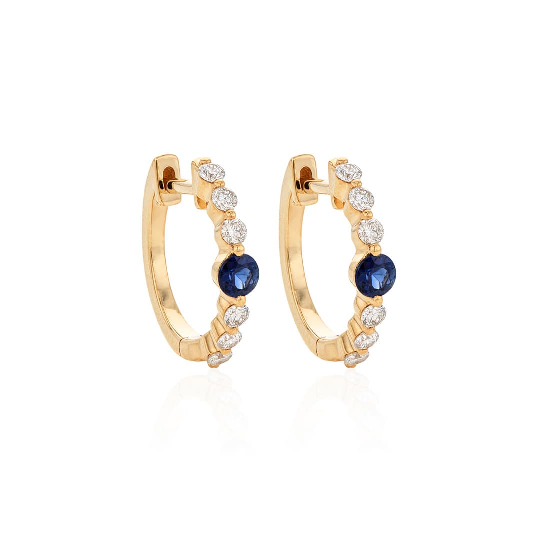 Yellow Gold Shared Prong Diamond Huggie Hoops with Sapphire Center 0