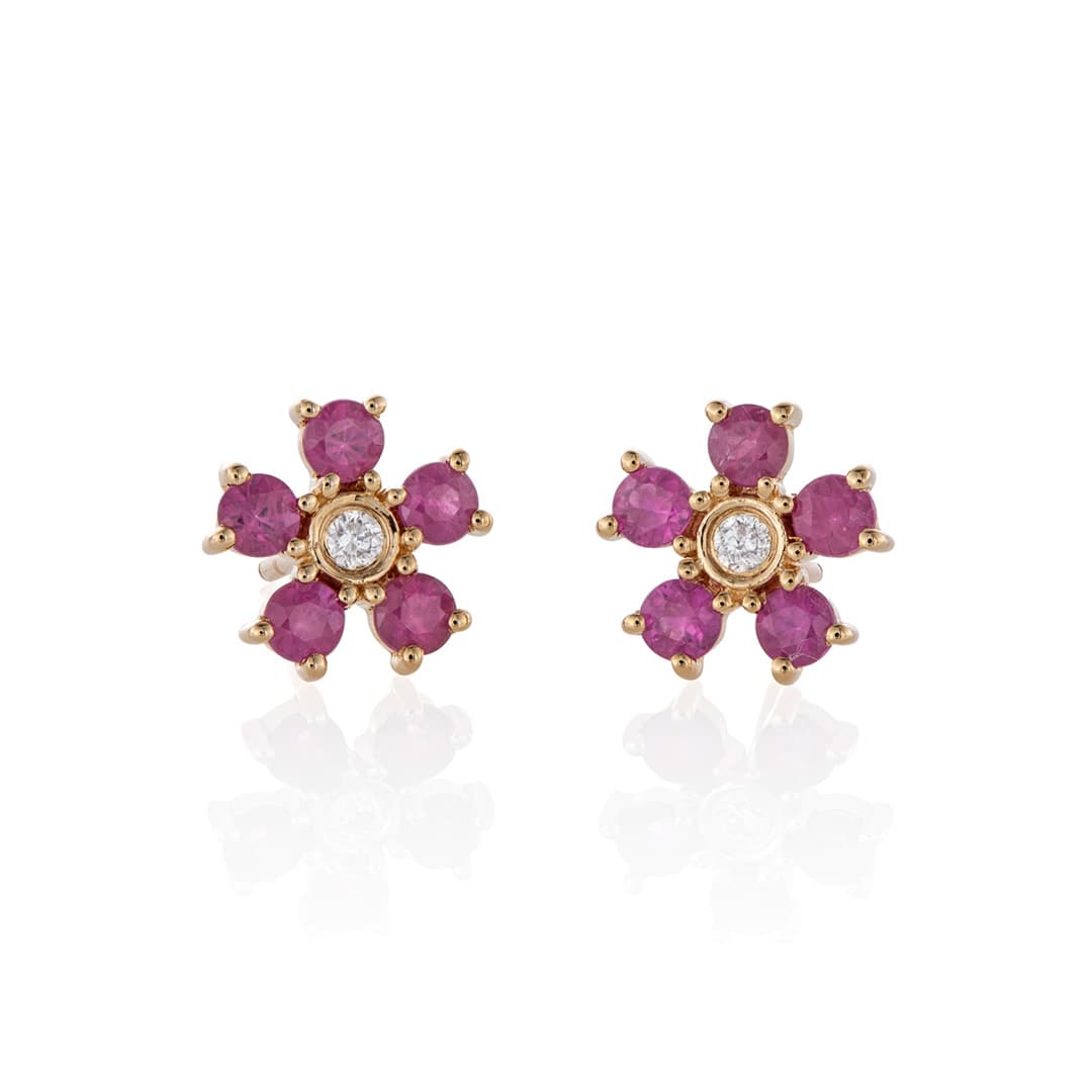 Ruby and Diamond Yellow Gold Flower Stud Earrings 0