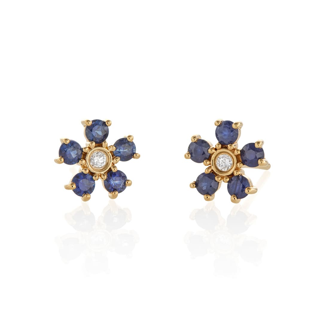 Sapphire and Diamond Yellow Gold Flower Stud Earrings 0