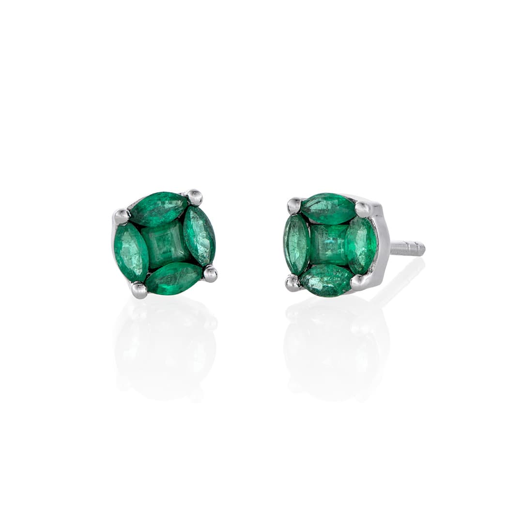 White Gold Emerald Cluster Stud Earrings