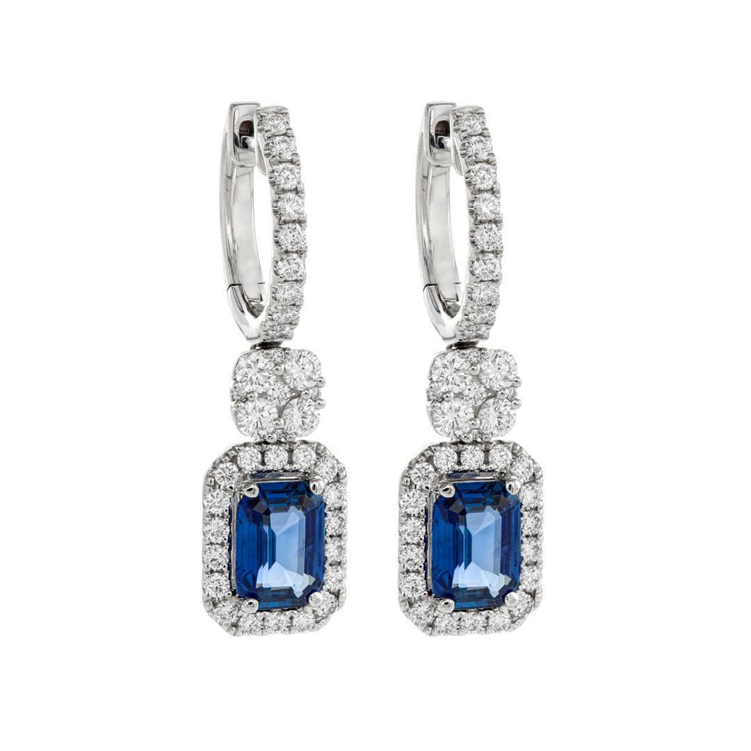 Emerald Cut Sapphire Drop Earrings with Pave Diamond Halo and Cluster