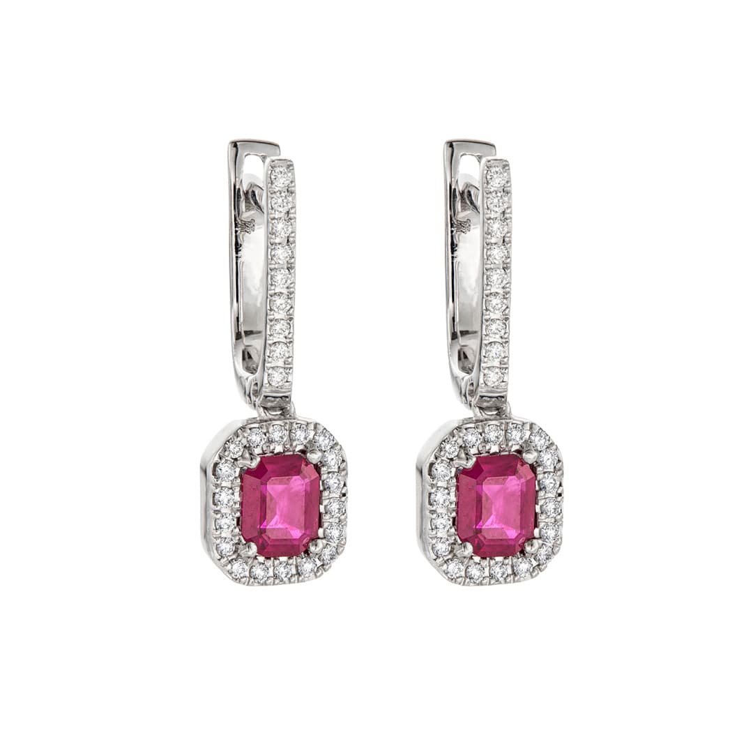 Octagonal Ruby and Diamond Halo Drop Earrings