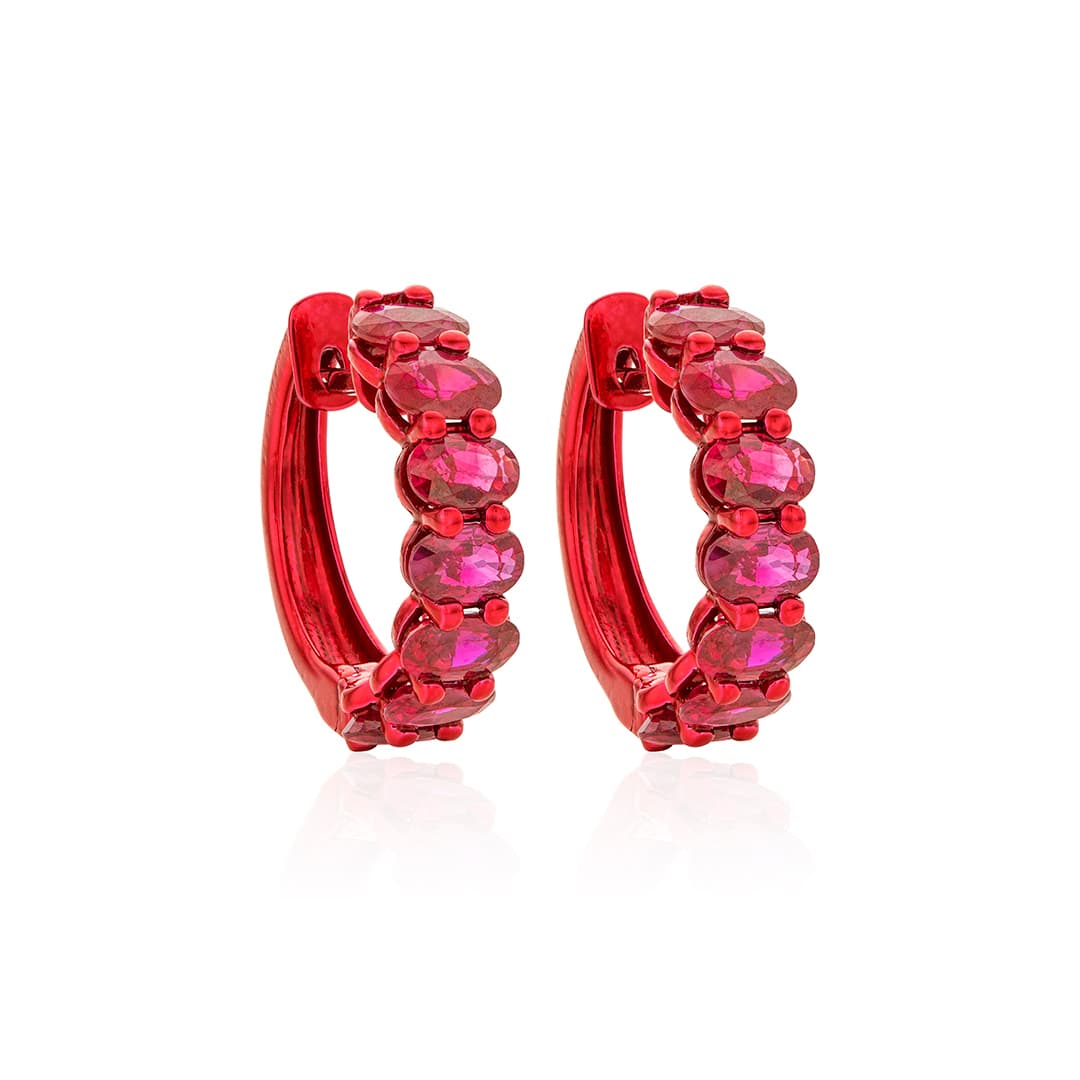 Oval Ruby and Red Gold Hoop Earrings