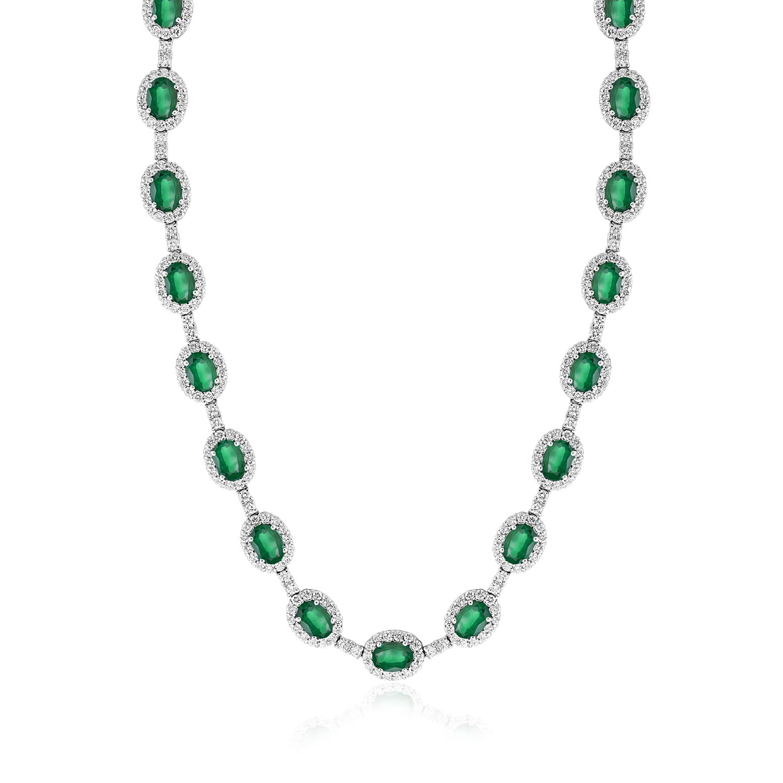 White Gold Oval Emerald & Diamond Bar Necklace