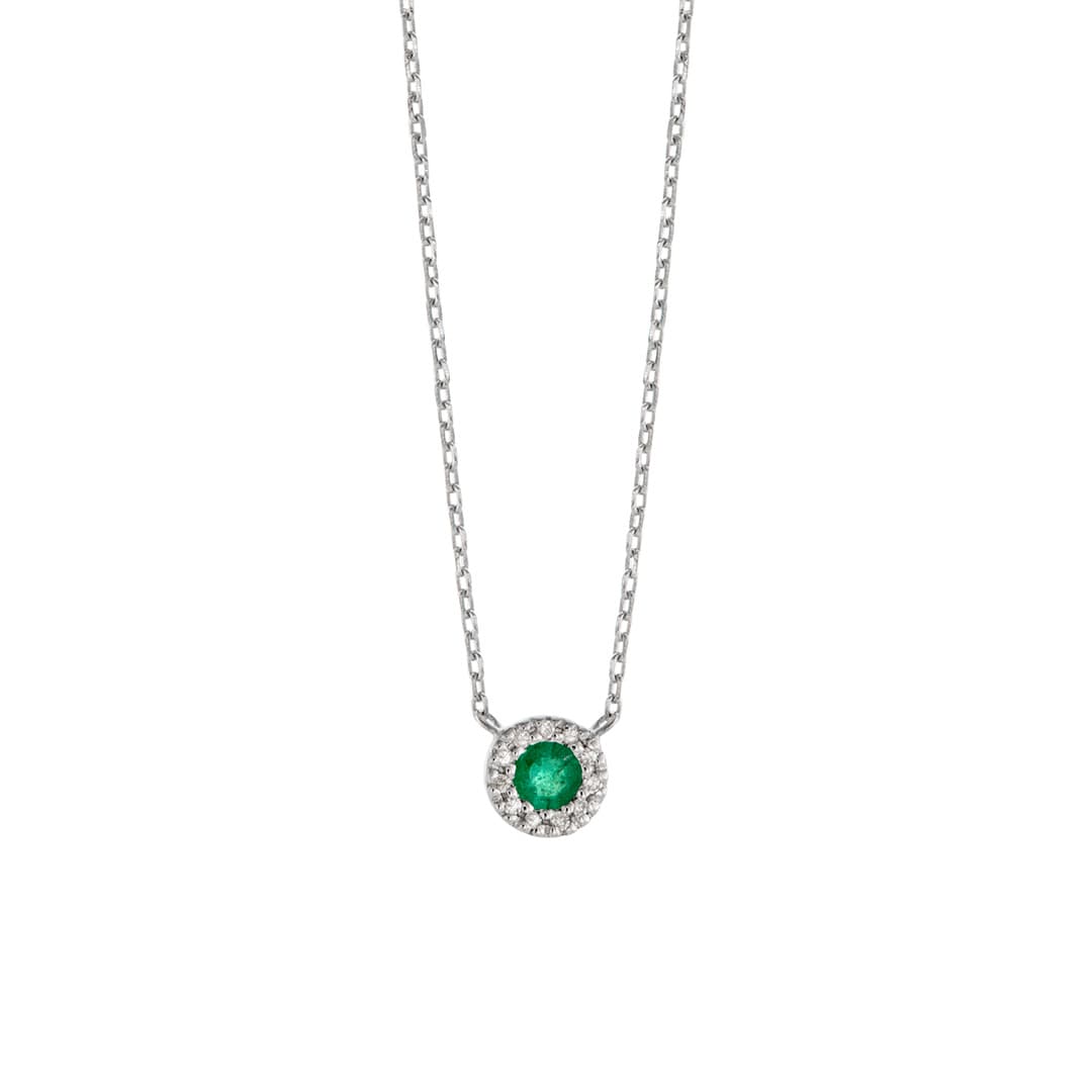 Dainty Diamond and Emerald Halo Pendant Necklace