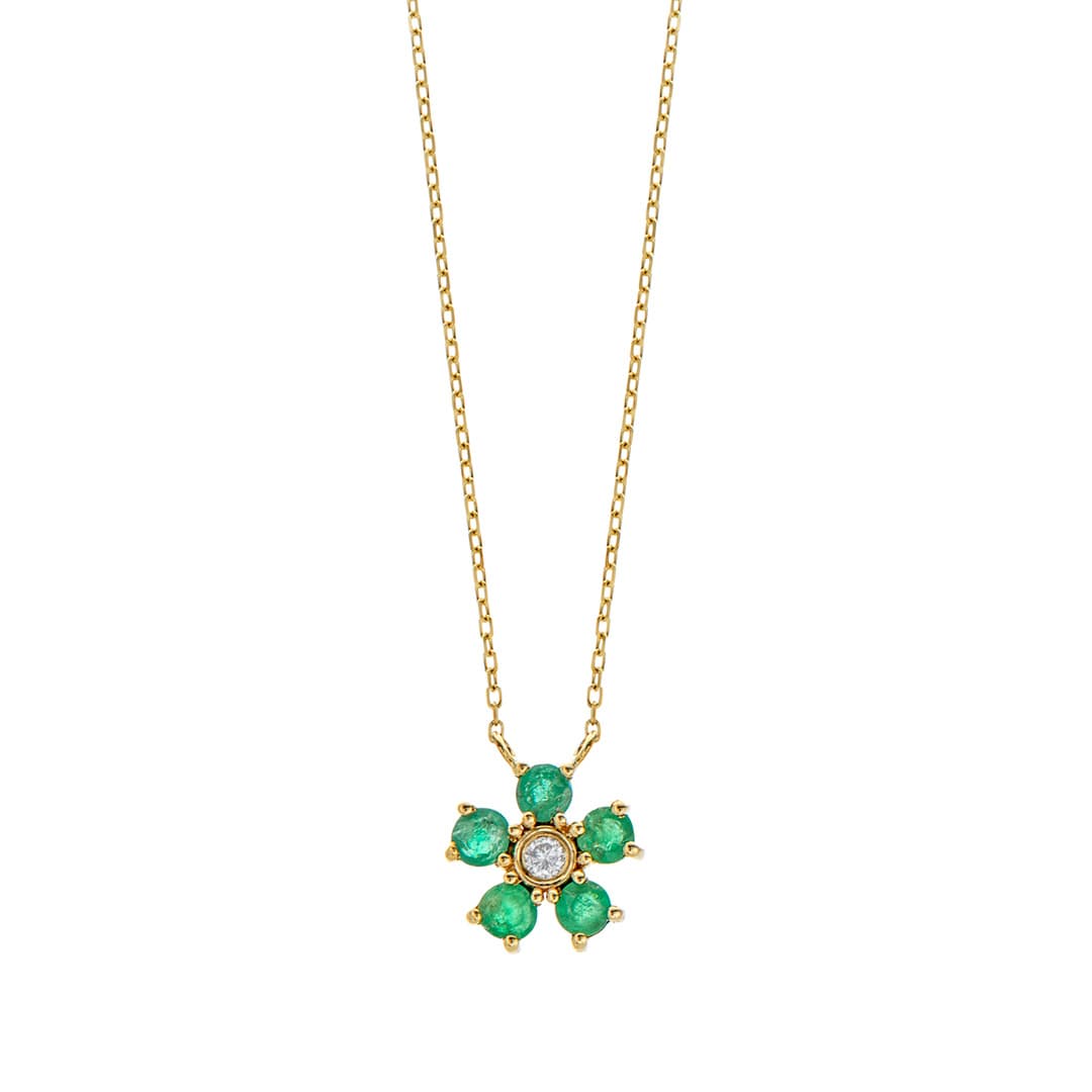 Emerald and Diamond Yellow Gold Flower Pendant Necklace