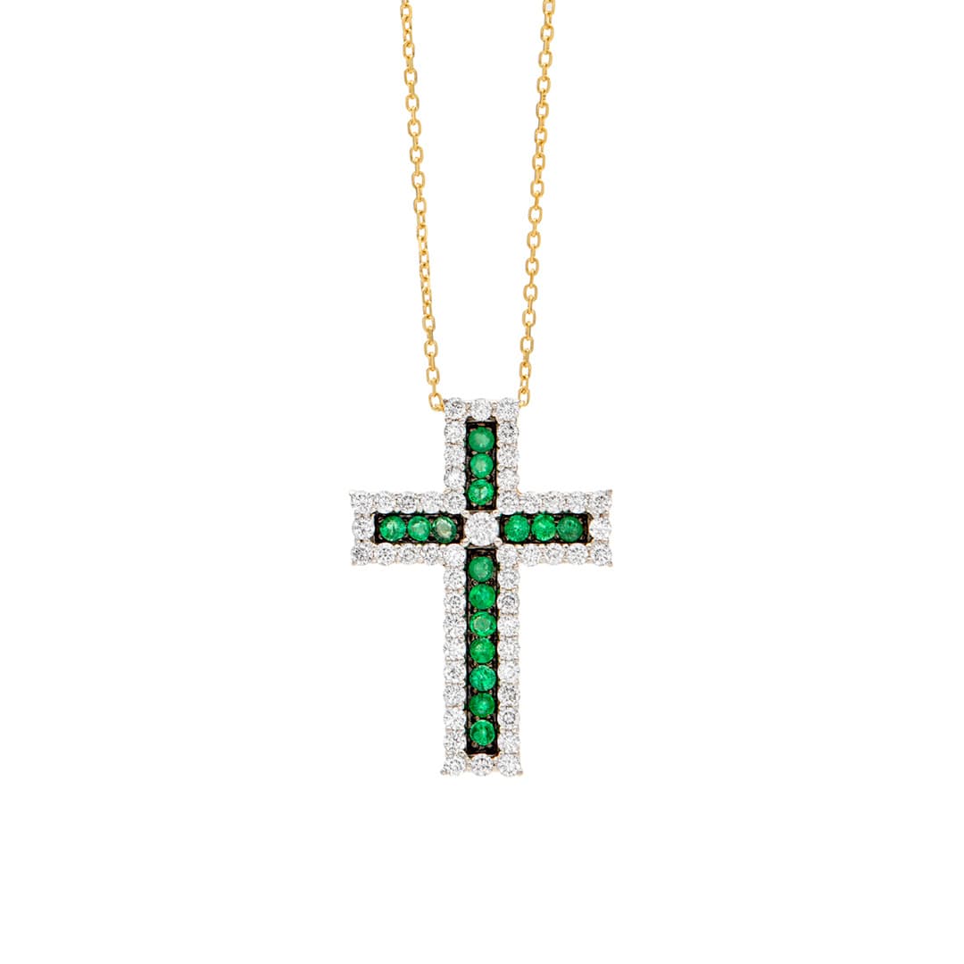 Emerald and Diamond Cross Necklace