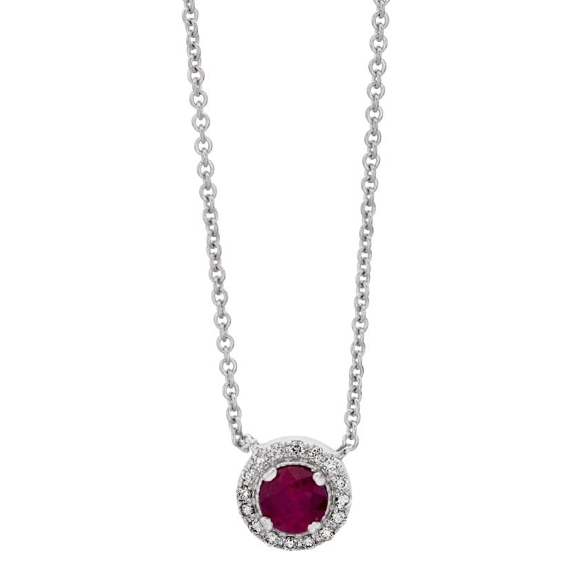 White Gold Round Ruby & Diamond Halo Pendant Necklace