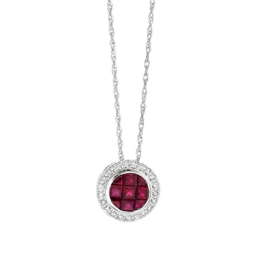 White Gold Ruby & Diamond Halo Pendant Necklace 0