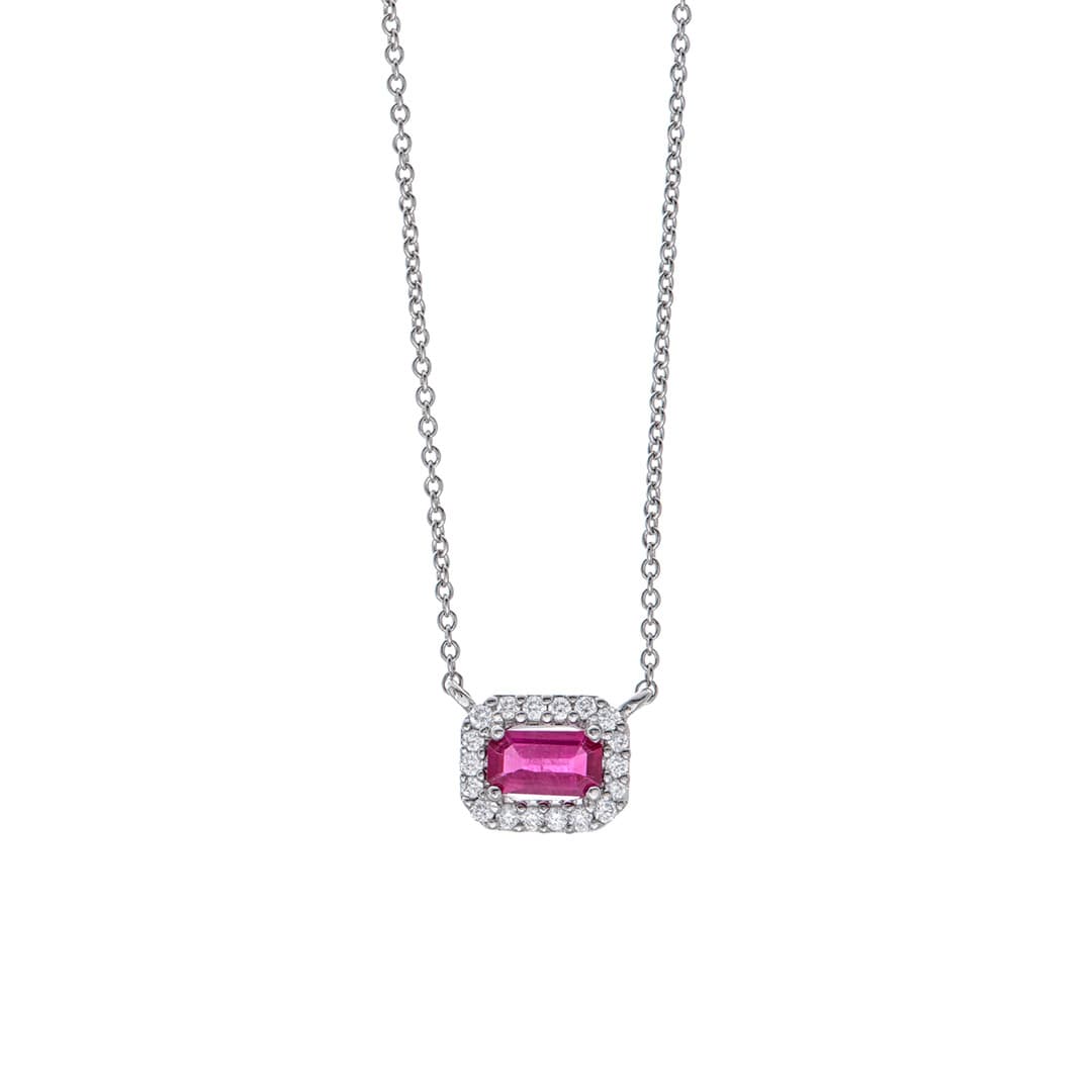 Emerald Cut Ruby Diamond Halo Pendant Necklace