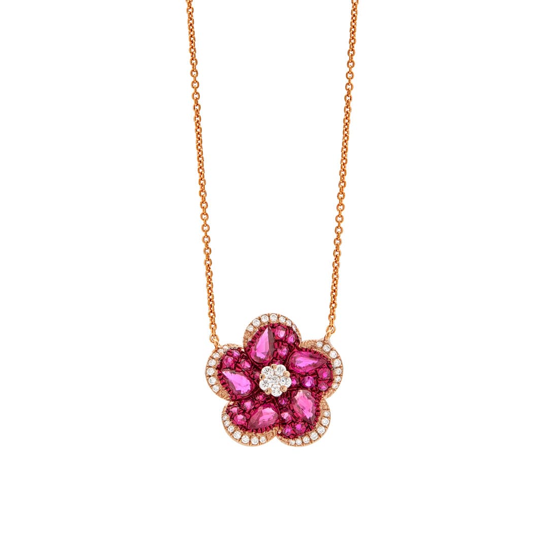 Ruby and Diamond Rose Gold Flower Necklace