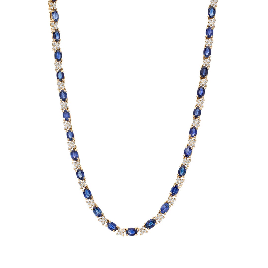 Yellow Gold Oval Sapphire & Round Diamond Cluster Necklace 0