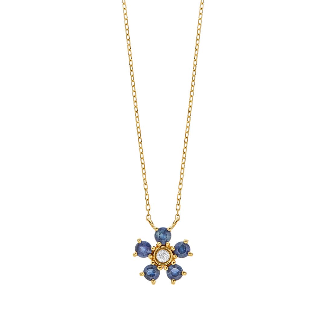 Sapphire and Diamond Yellow Gold Flower Pendant Necklace