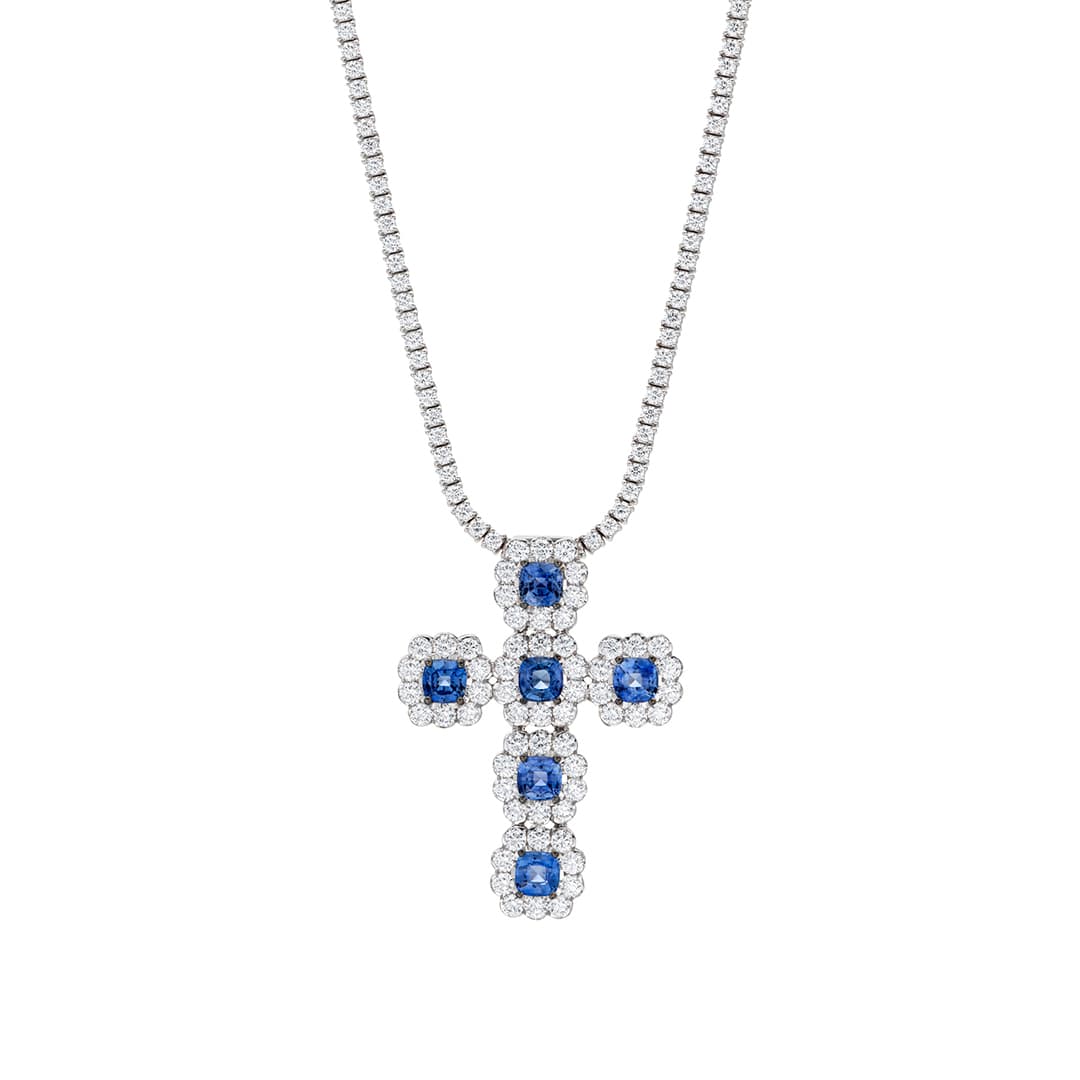 Diamond Tennis Necklace with Sapphire and Diamond Cross 0