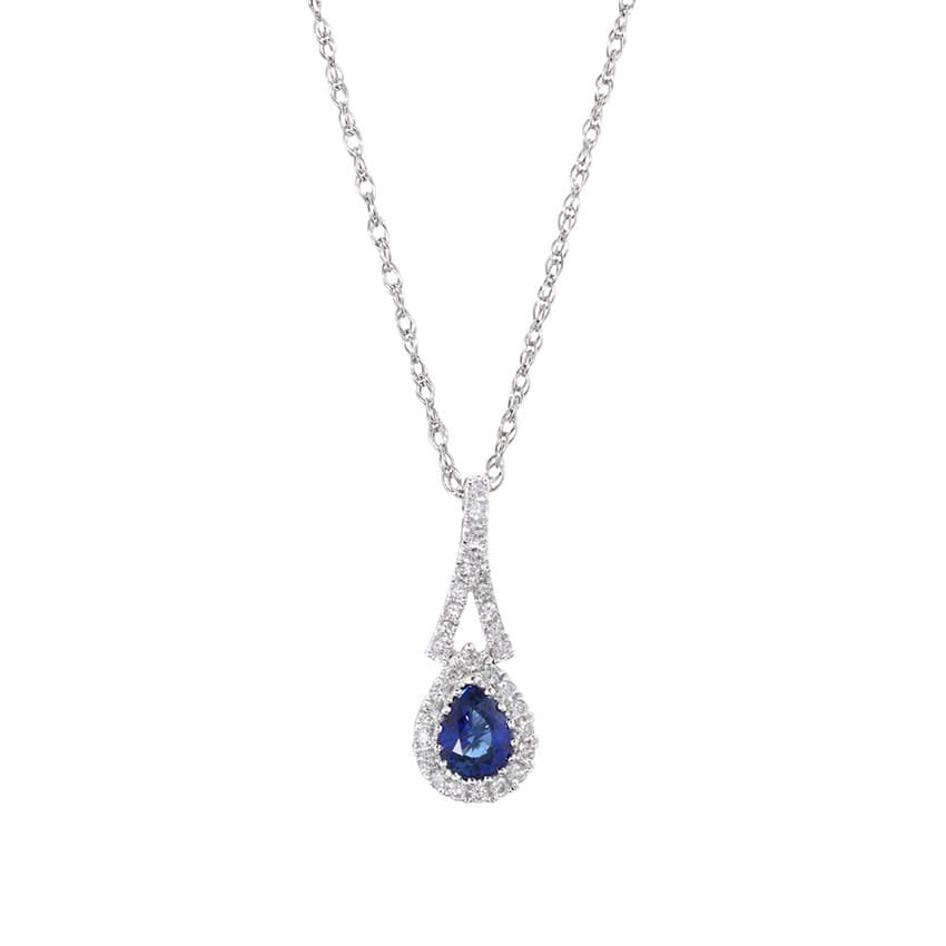 Pear Shaped Sapphire Pendant Necklace with Diamond Surround and Bail