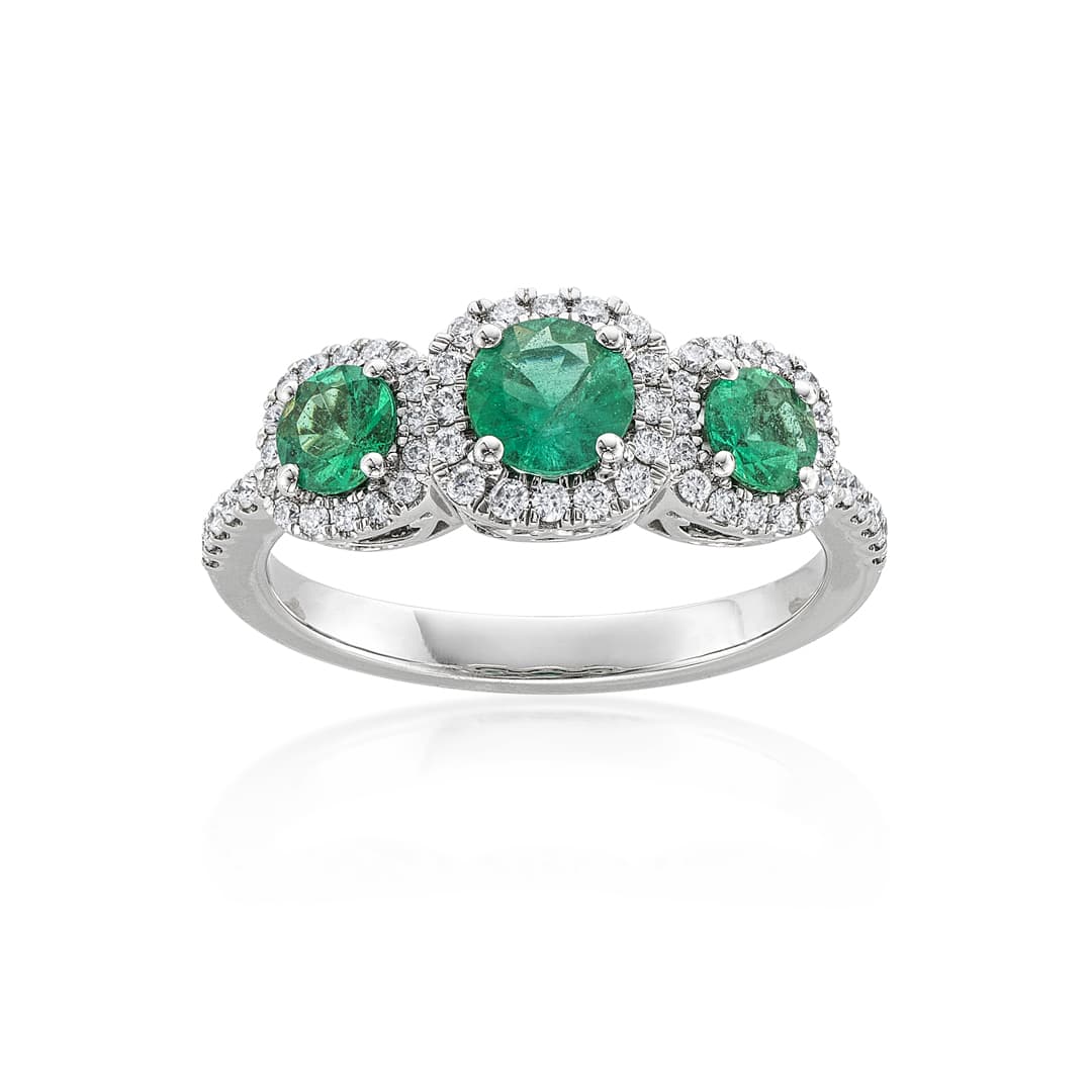 Emerald Three Stone Ring with Diamond Halos