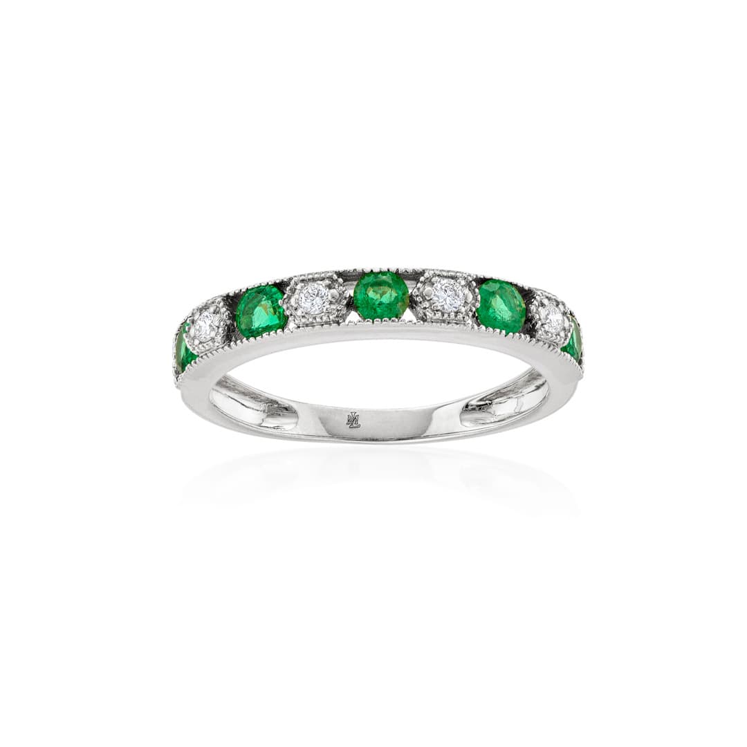 Geometric White Gold Emerald and Diamond Band 0