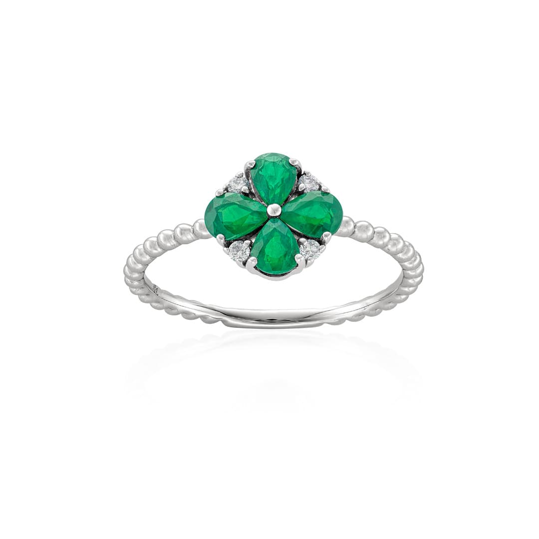 Emerald and Diamond Clover Beaded Stackable Ring 0