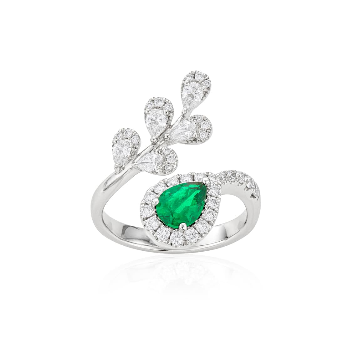 Pear Shape Emerald and Diamond Bypass Leaf Ring 0