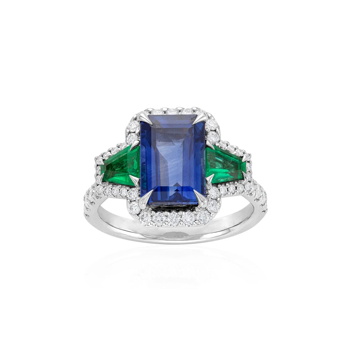 Emerald and Sapphire Three Stone Halo Ring 0