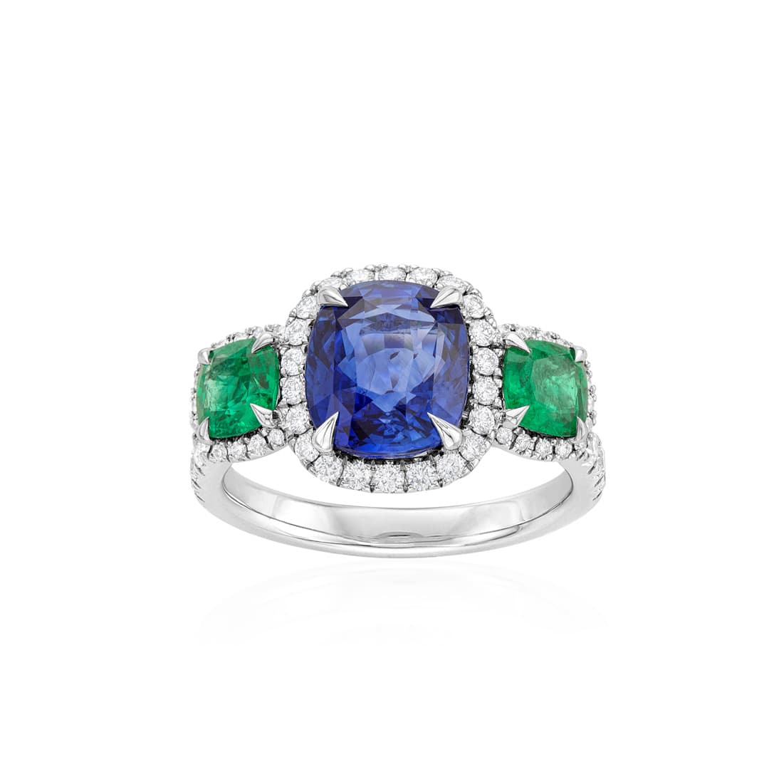 Cushion Emerald and Sapphire Three Stone Halo Ring 0