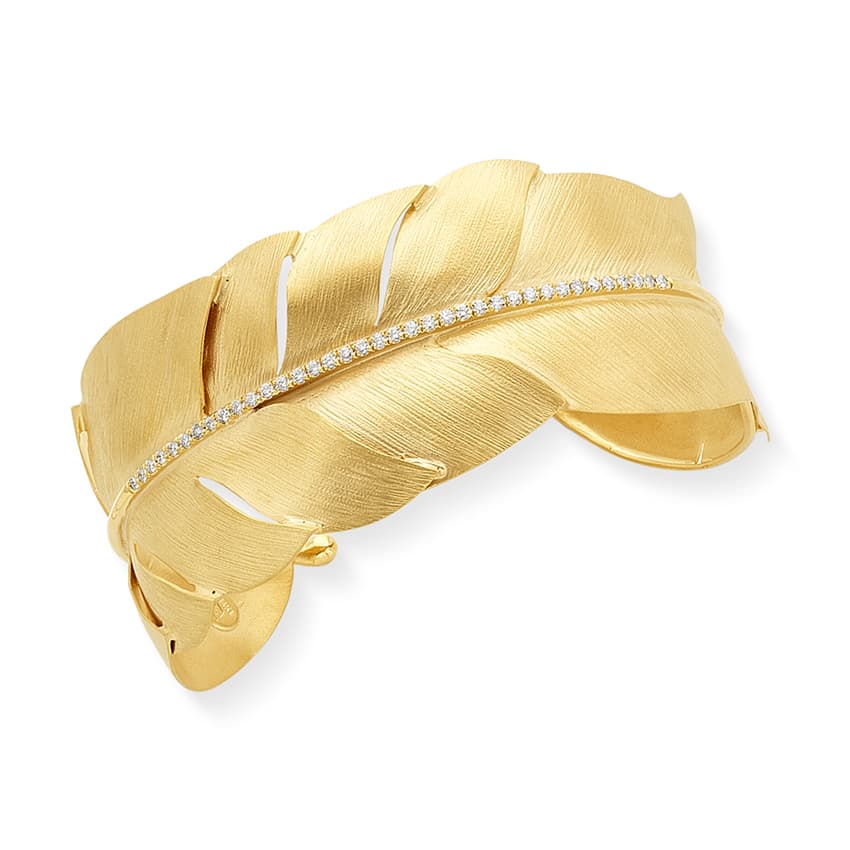 14k Yellow Gold Diamond Feather Wrap Cuff Bracelet