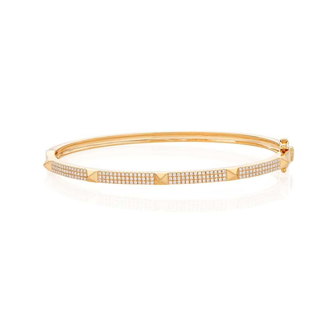 Thin Pave Diamond Yellow Gold Bangle with Pyramid Stations