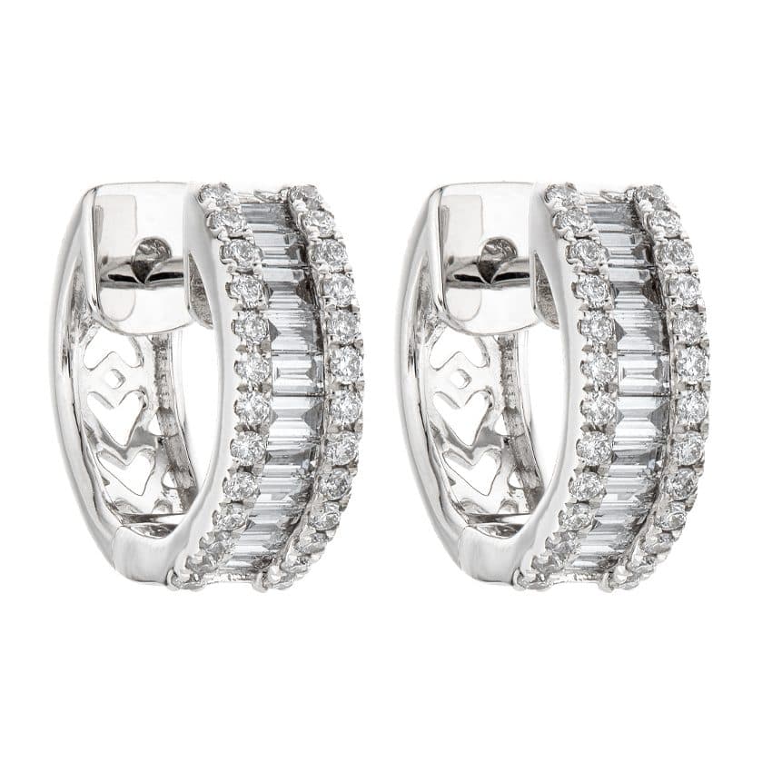 White Gold Baguette & Round Diamond 13.5mm Hoop Earrings 0