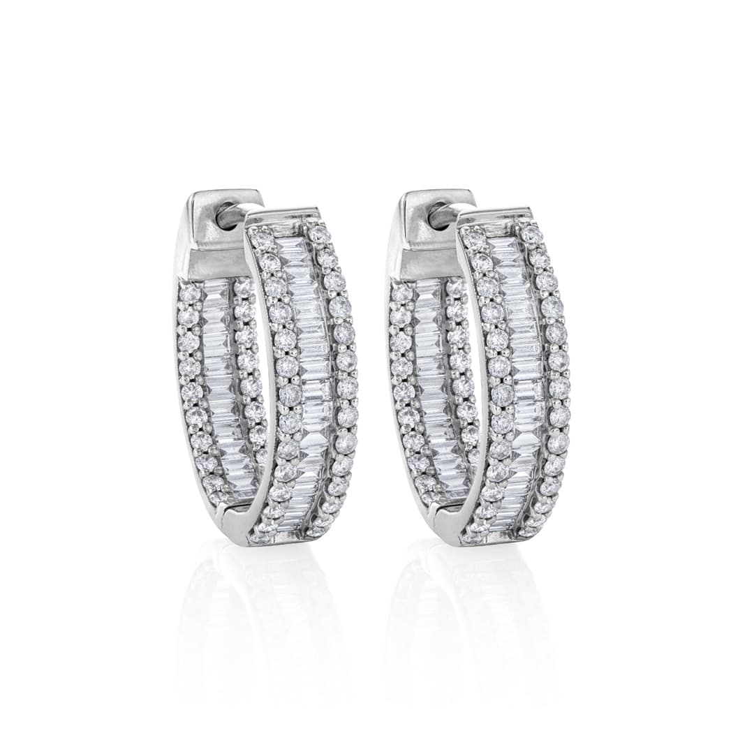 White Gold Baguette & Round Diamond 18mm Hoop Earrings