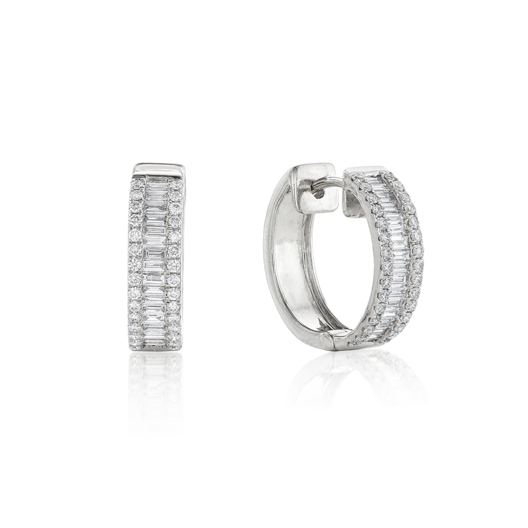 White Gold 0.78 CTW Baguette & Round Diamond 17mm Hoop Earrings