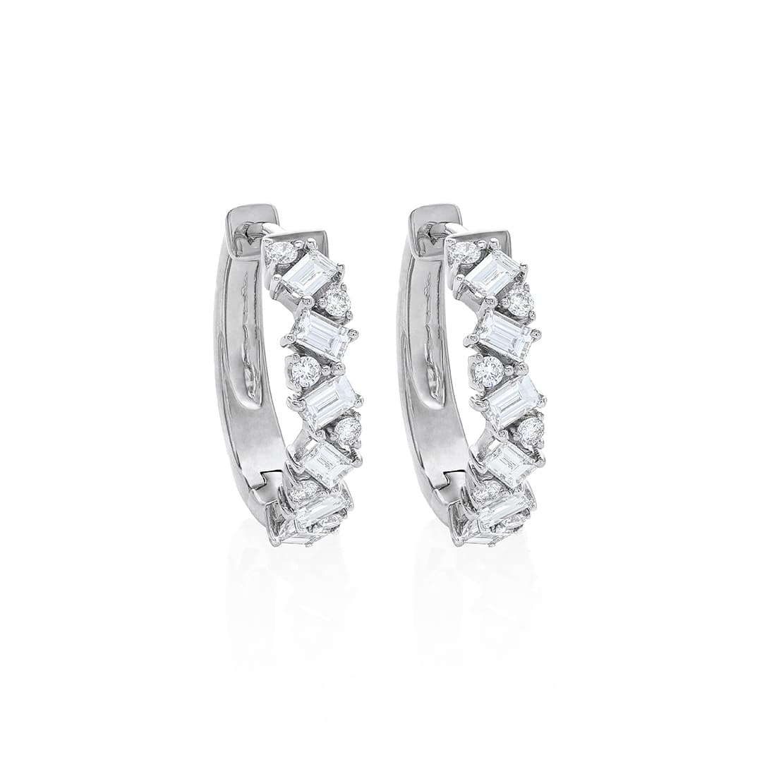 Round and Baguette Zig Zag Diamond Hoops in White Gold 0