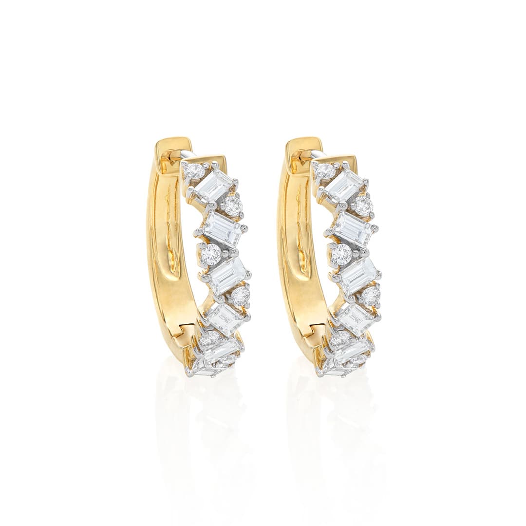 Round and Baguette Zig Zag Diamond Hoops