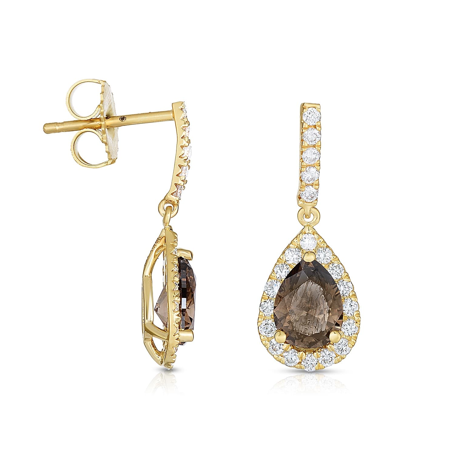 Yellow Gold Pear Shaped Brown Diamond & White Diamond Halo Earrings 0