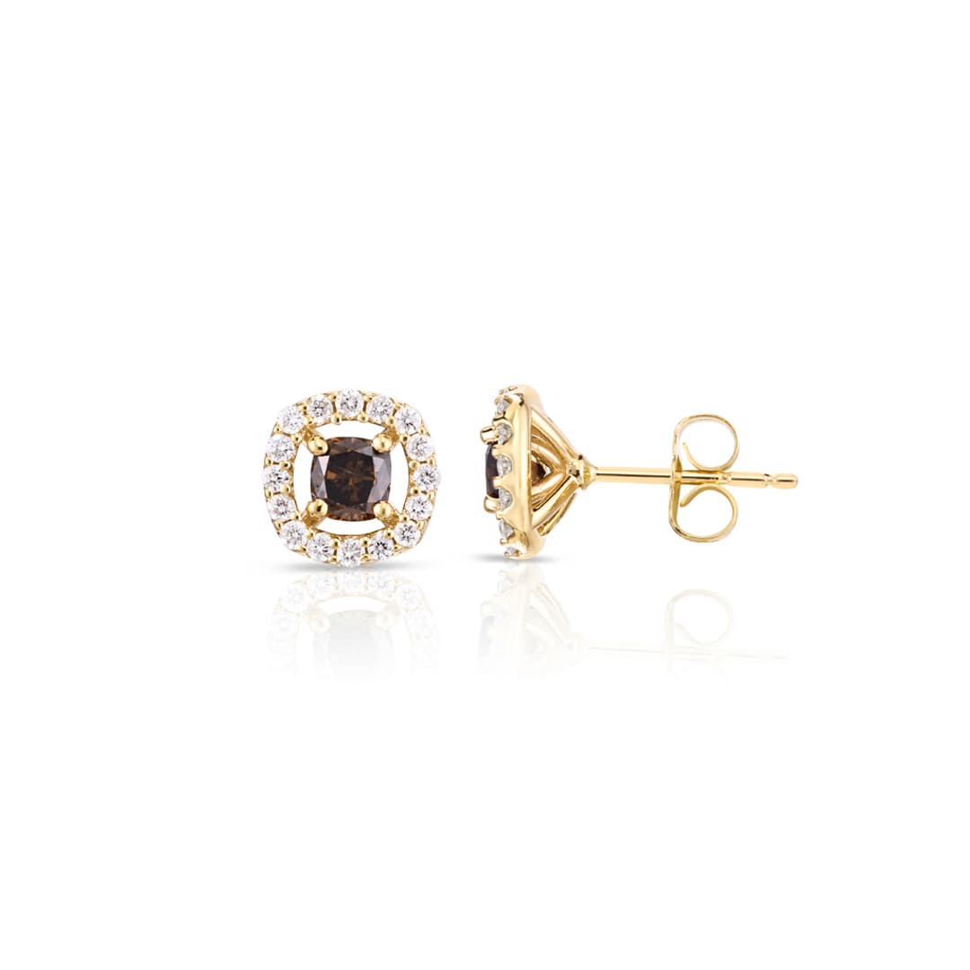 Cushion Shape Brown and White Diamond Halo Stud Earrings in Yellow Gold