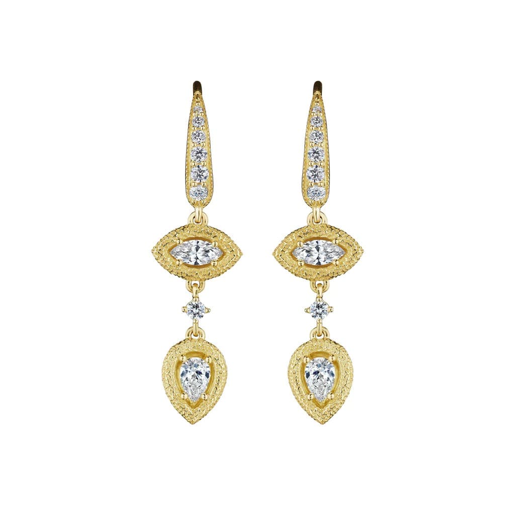 Penny Preville Yellow Gold Long Antique Amulet Marquise and Pear Diamond Drop Earrings 0