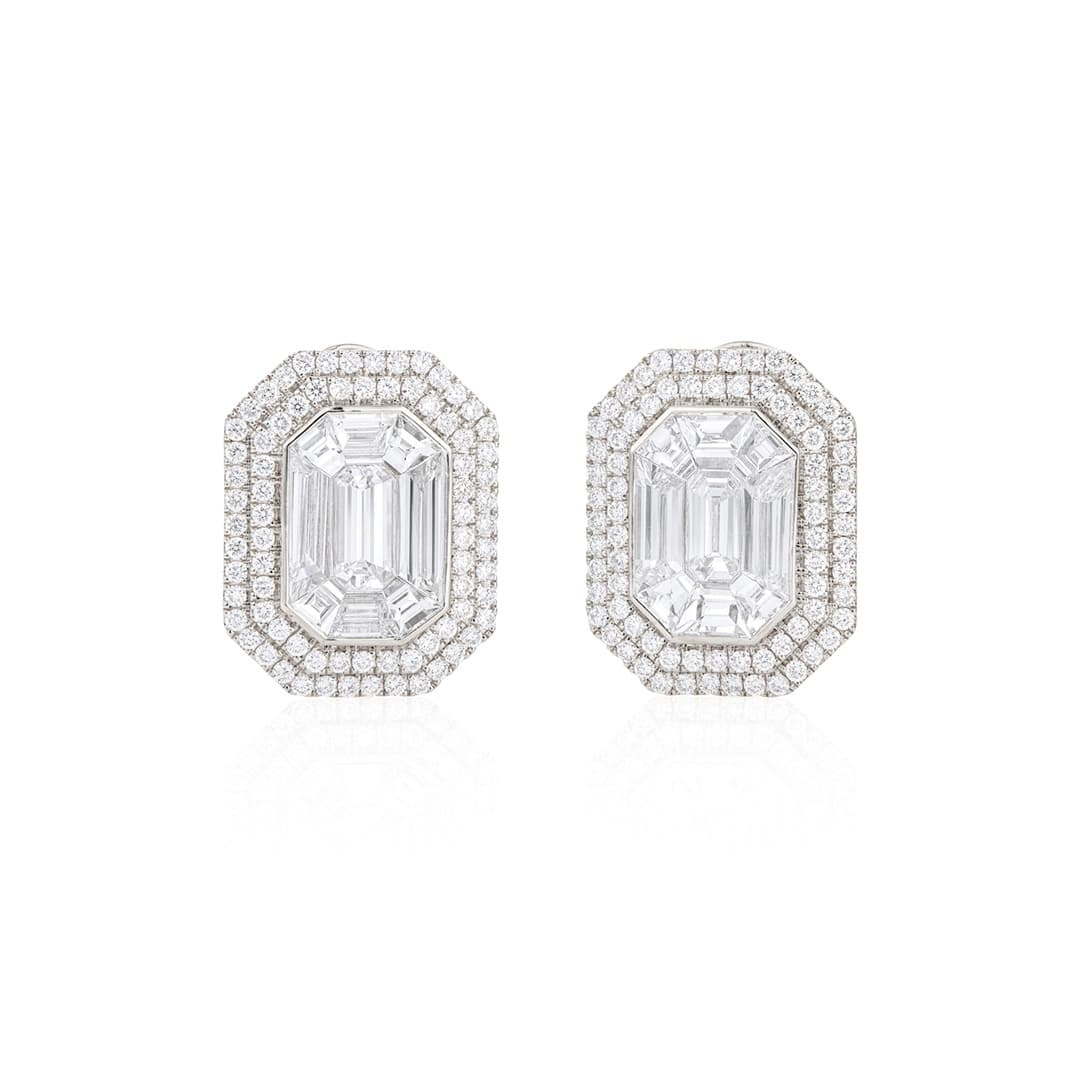 Emerald Cut Diamond Cluster Halo Earrings