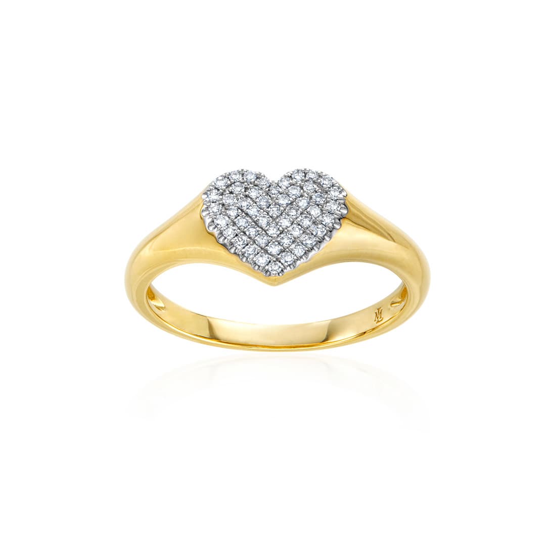 Pave Diamond Heart Yellow Gold Signet Ring