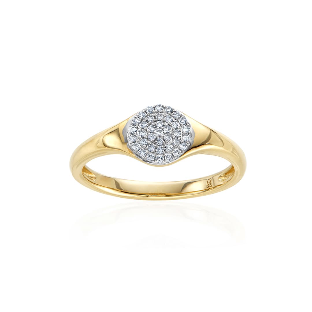 Pave Diamond Disc Yellow Gold Signet Ring