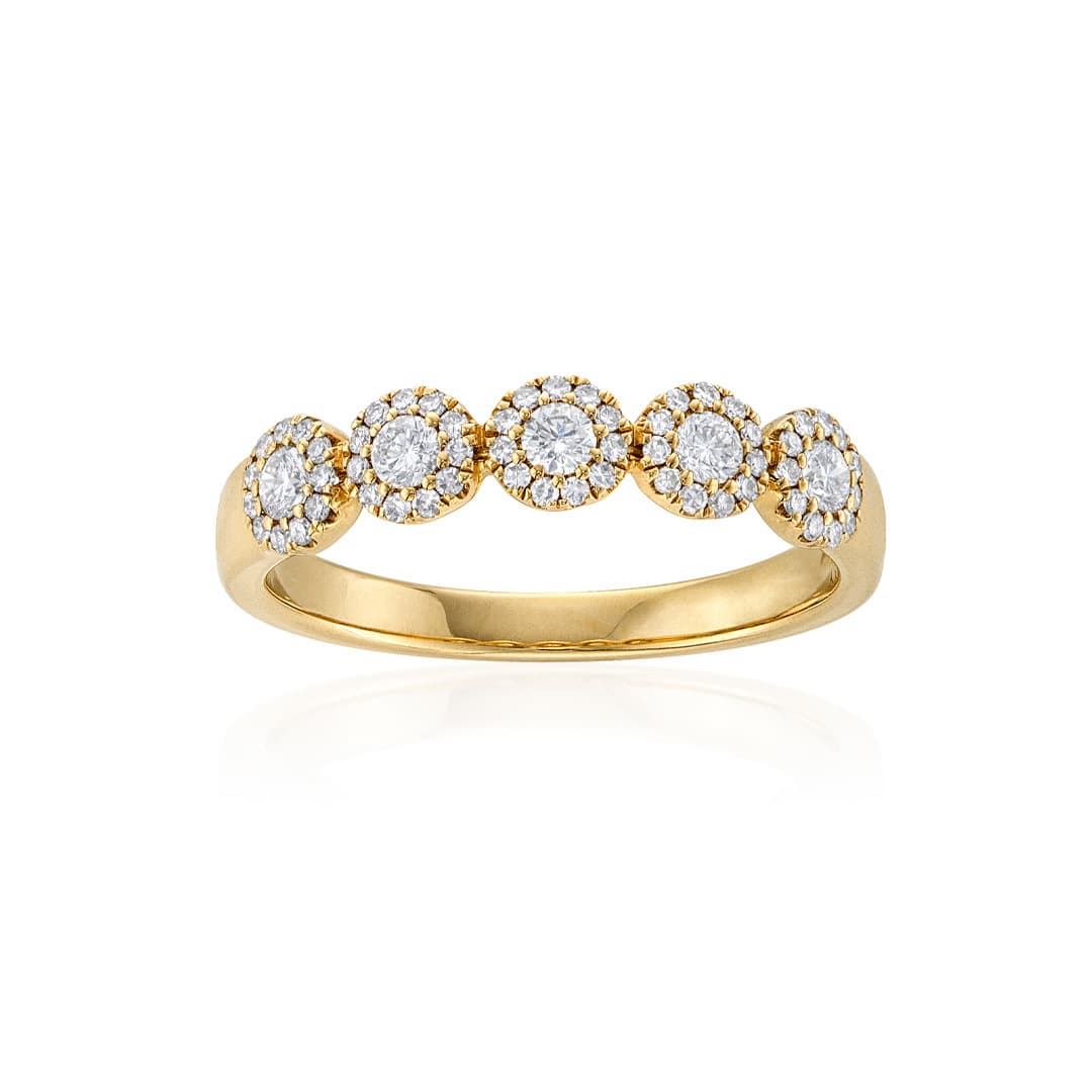 Five Halo Diamond Yellow Gold Band