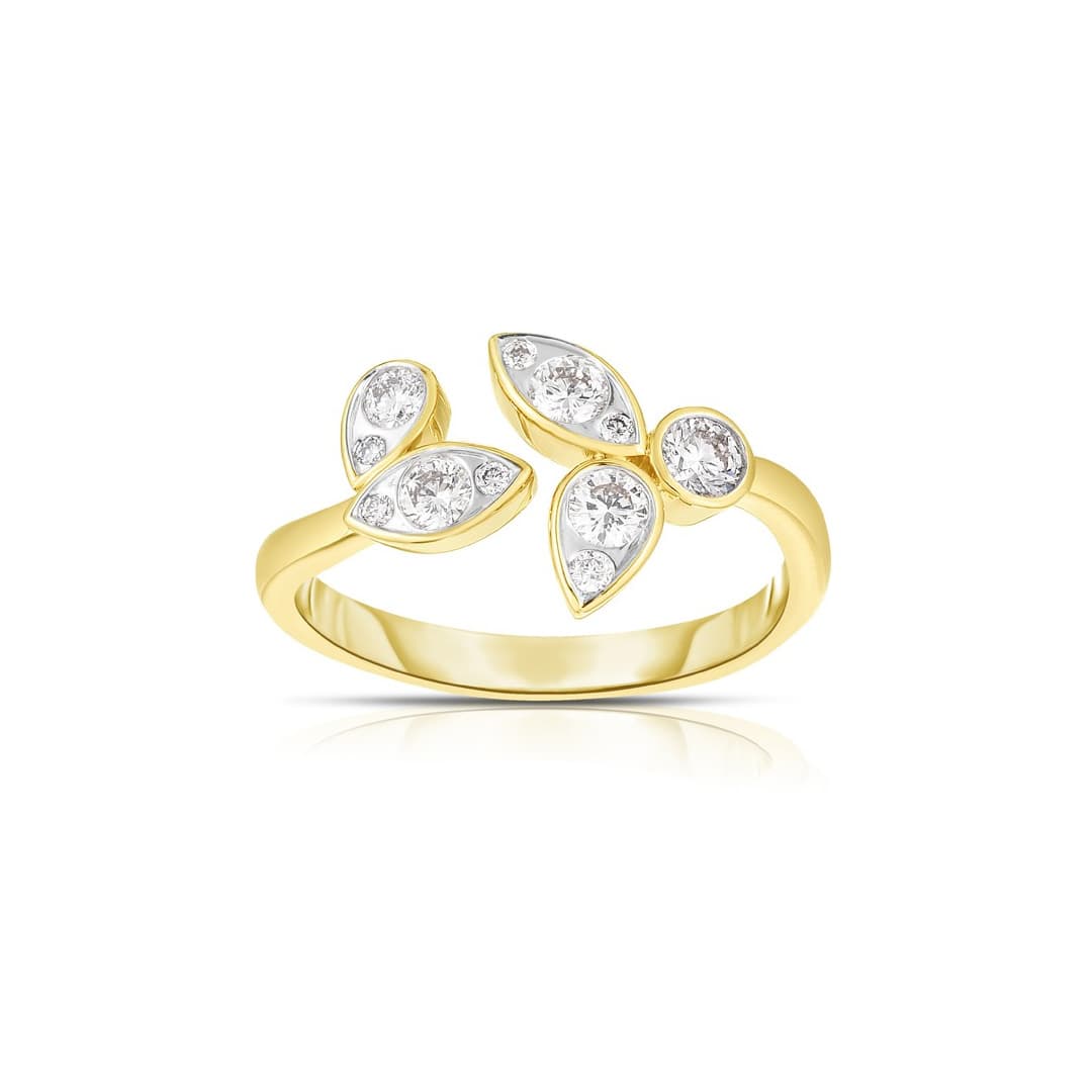 Open Style Leaf Ring in Yellow Gold with Diamonds