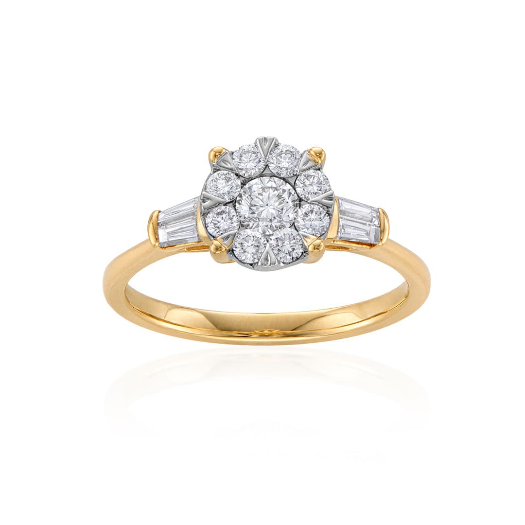 Round Cluster Yellow Gold Diamond Engagement Ring with Baguettes