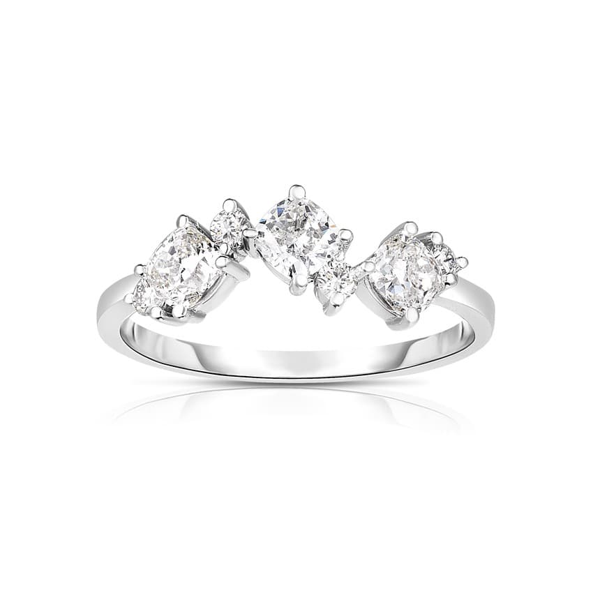 Zig Zag White Gold Ring with Round and Cushion Diamonds