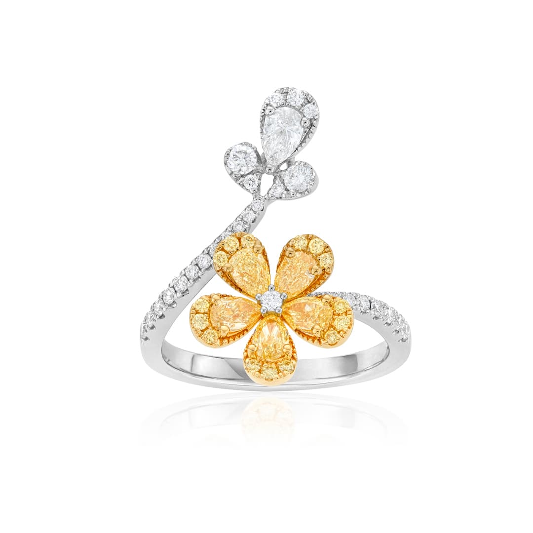 White & Yellow Diamond Flower Bypass Ring