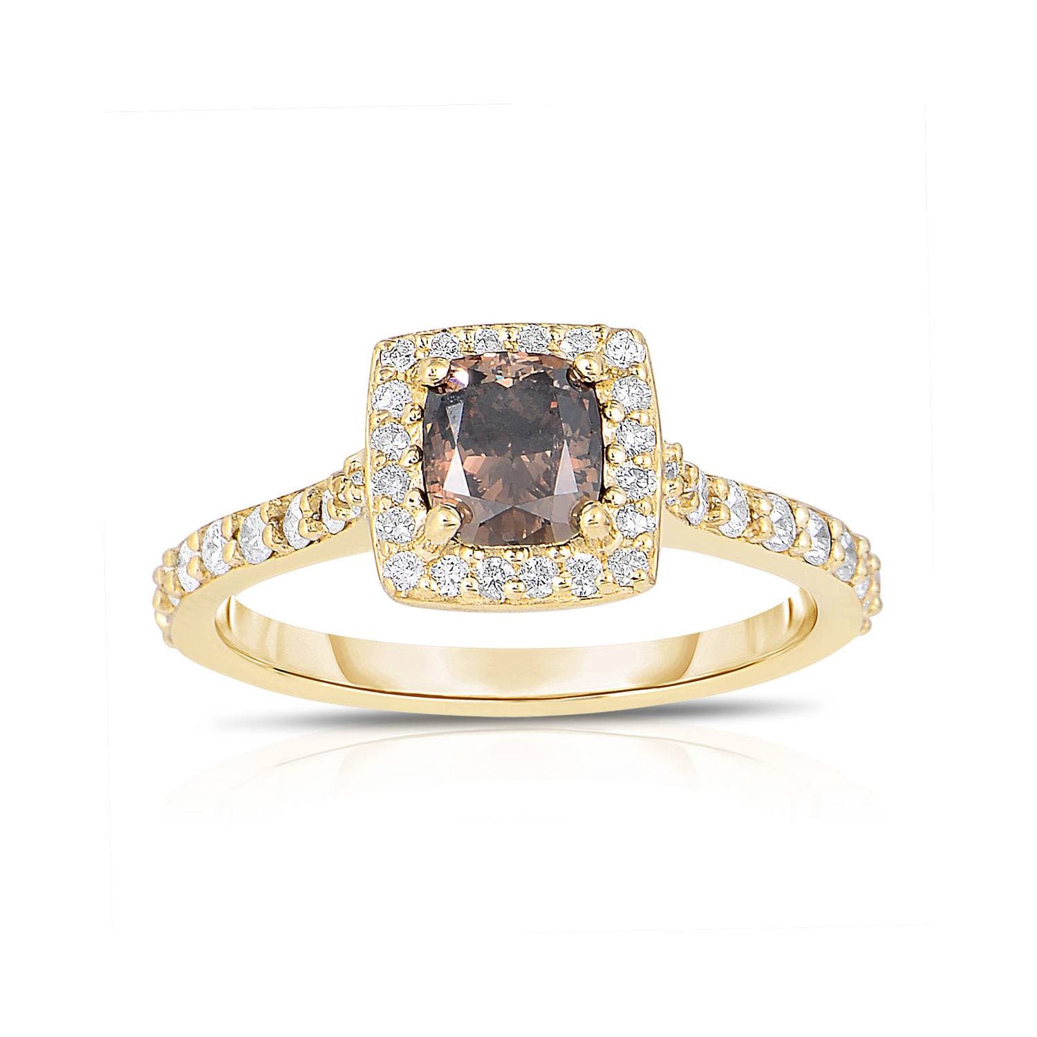 Yellow Gold Cushion Cut Brown Diamond & White Diamond Halo Ring 0