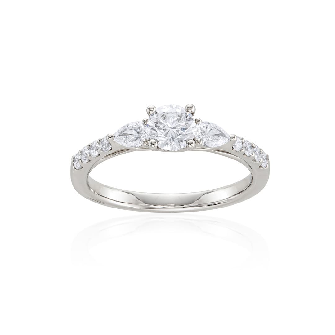 Three-Stone Round and Pear Shape White Gold Engagement Ring