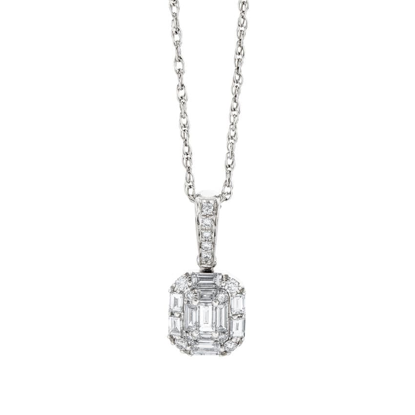 White Gold Baguette & Round Diamond Cluster Pendant Necklace 0