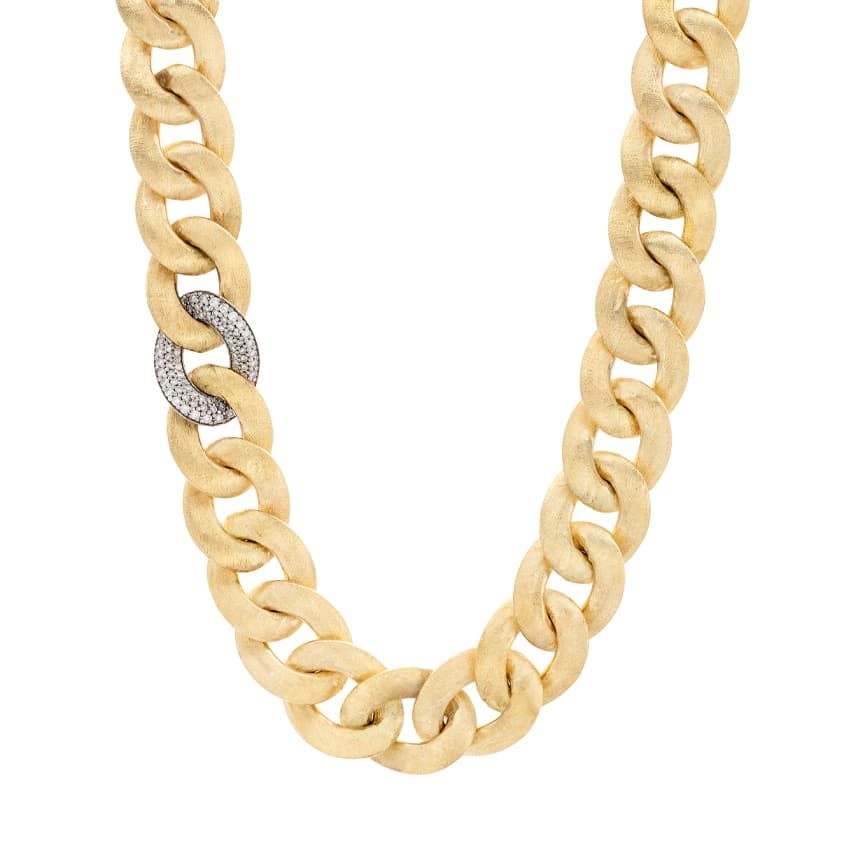 Yellow Gold & Diamond Satin Finish Curb Chain Link Necklace